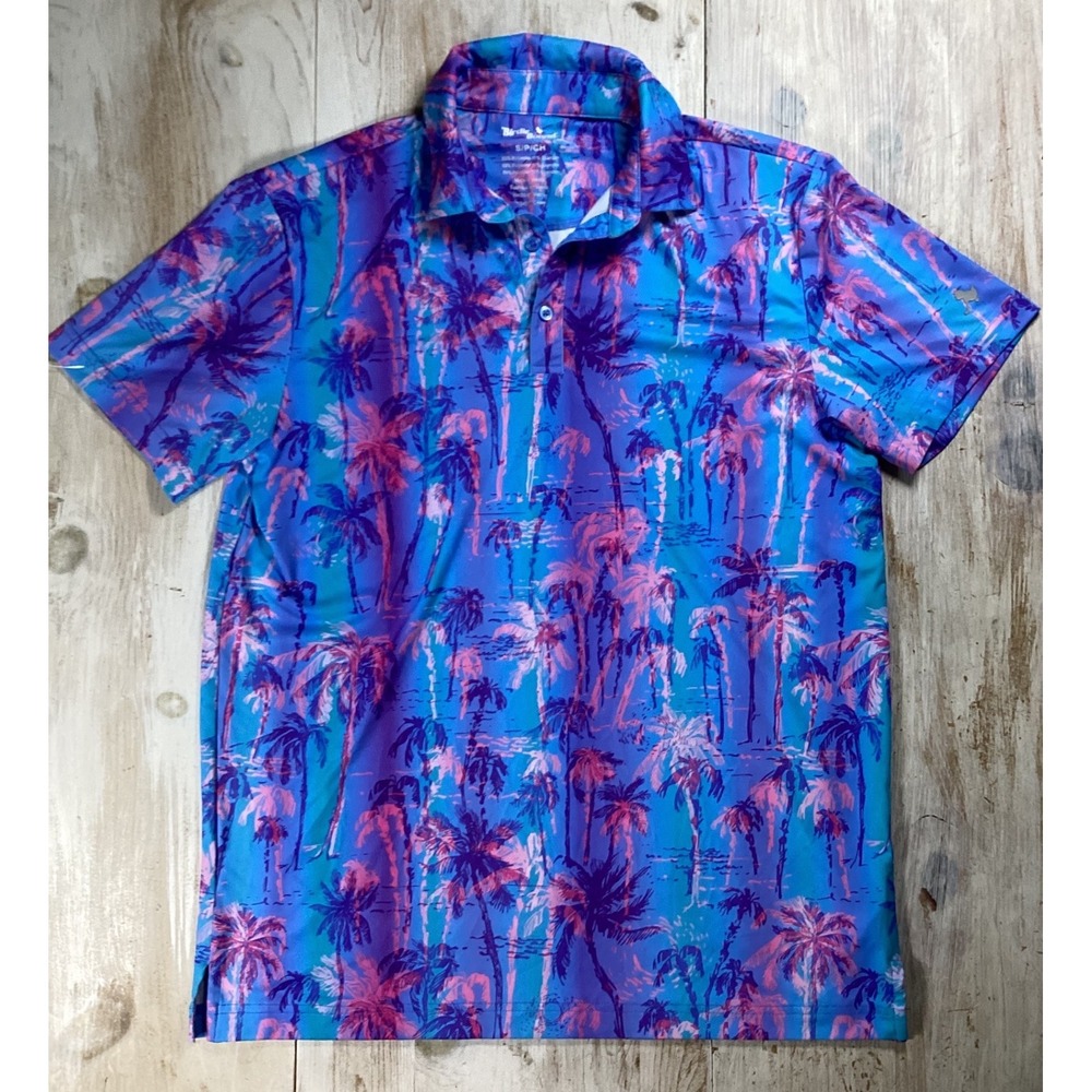 Birdie Bound Mens Small Blue Purple Tropical Palm Tree Print Golf Polo Shirt